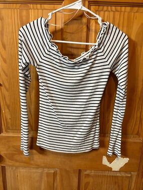 Aeropostale White and Black Striped Ruffle Neck Long-Sleeve Top